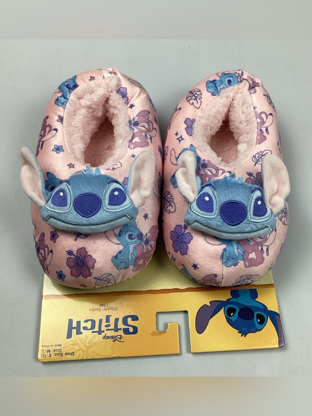 Disney Stitch Plush 3D Slipper Socks Pink Floral M/L Shoe Size 8-10 NEW!